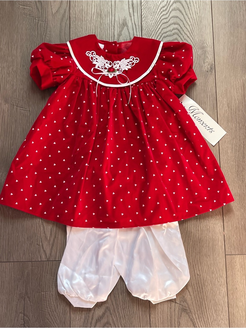 NWT Vintage Jo Lene Red White Heart Print 3T Velvet Dress and Bottoms 2pc Set